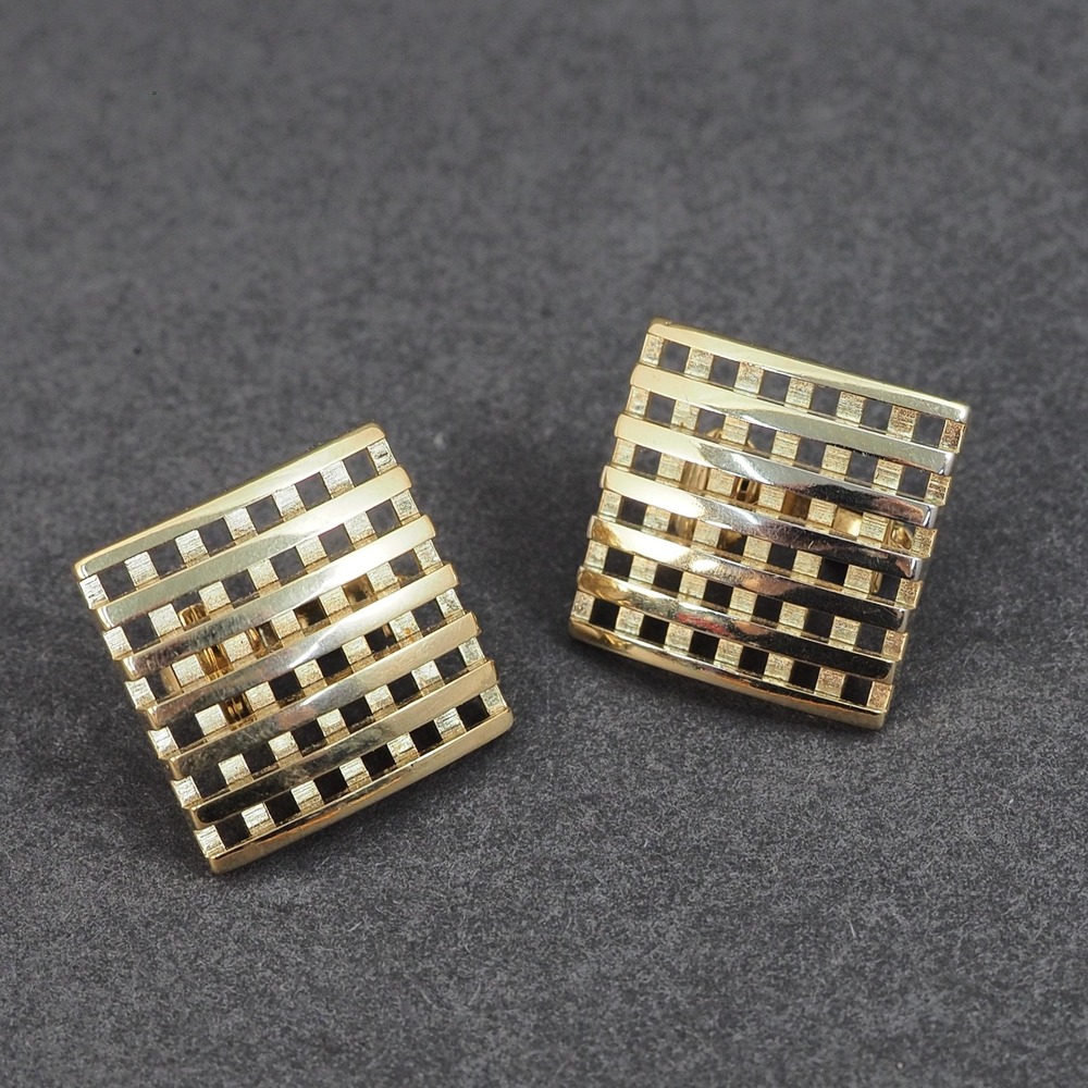 Avon Clip On Earrings Gold Tone Geometric Checkerboard Basketweave Square Grid - Picture 4 of 7
